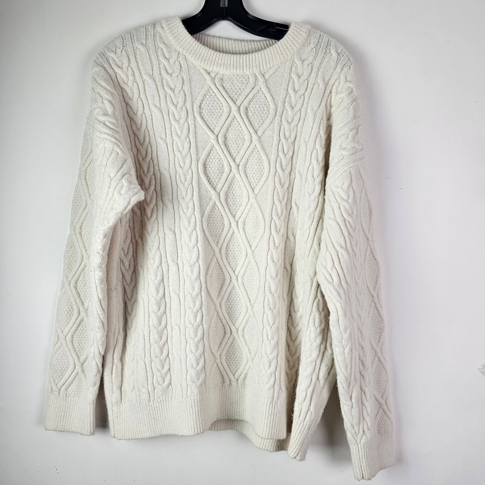 Aelfric Eden Womens Cream Cable Knit Crew Neck Sweater Sz M Fisherman Cozy Soft